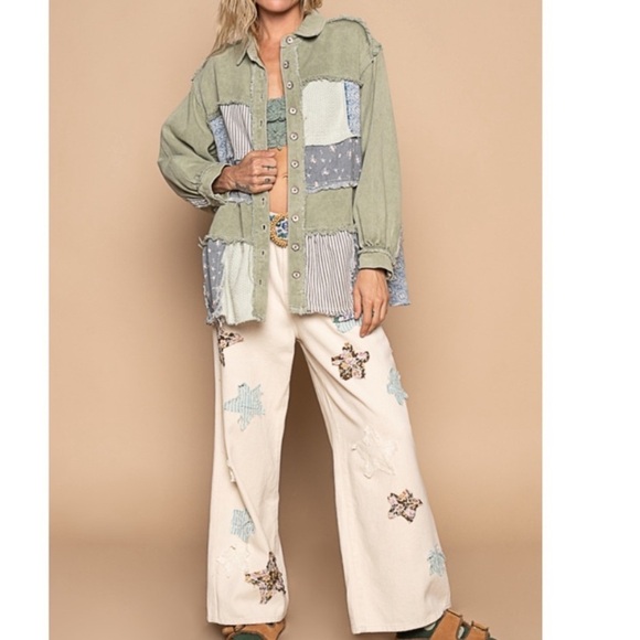 POL | NIP Sage 100% Cotton Color Block Mixed Print Raw Edges Patchwork Jacket M - Picture 2 of 9